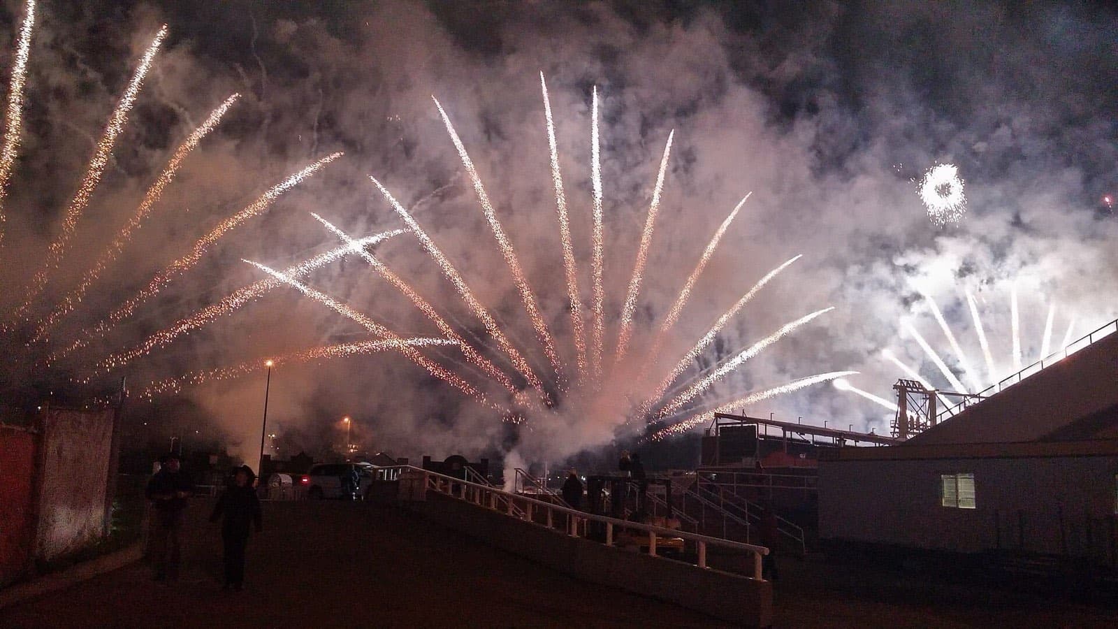 Fireworks bursting over the grandstand during the Calgary Stampede evening show, Calgary, Alberta